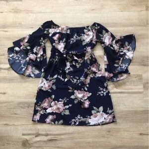 Off Shoulder Navy Blue Floral Dress